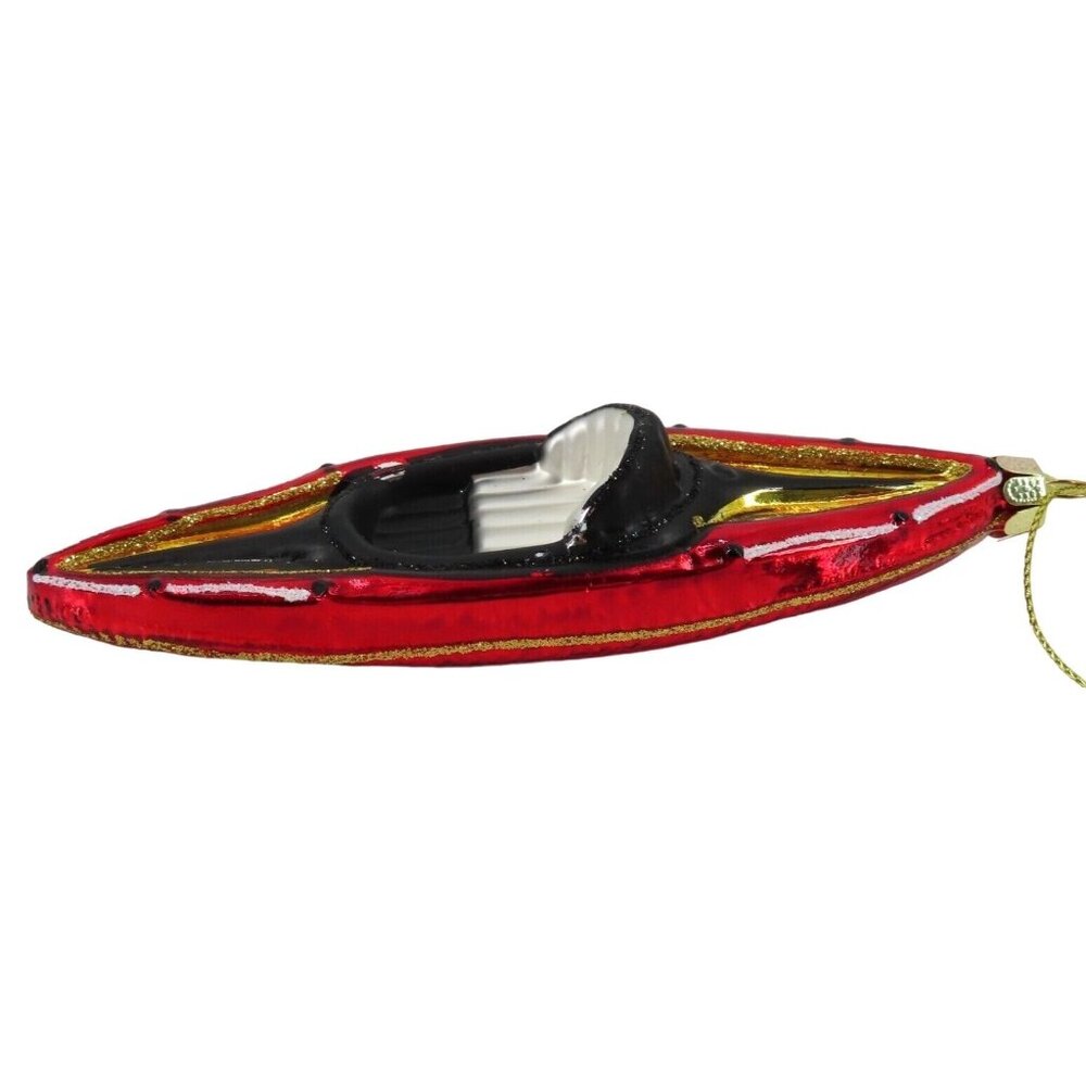 Robert Stanley Kayak Red Gold Black Glass Glitter Xmas Christmas Ornament NEW